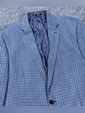 Lauren Ralph Lauren Blazer Mens 44L Blue Gingham Check Wool Silk Sport Jacket